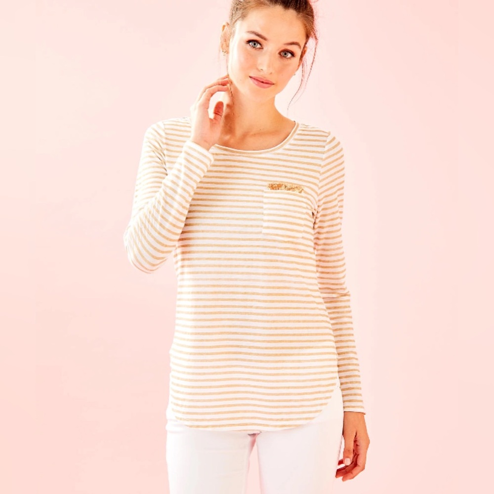 Lilly Pulitzer Louella top in Gold Metallic Glitter Treasure Stripe, medium